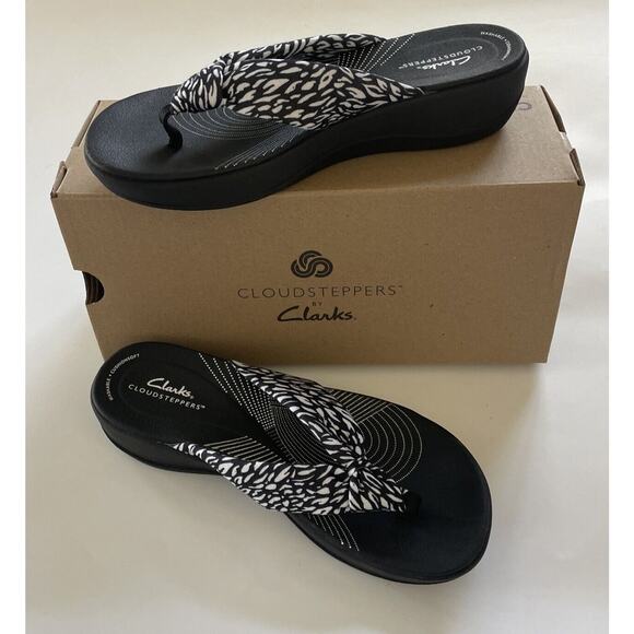 New Clarks Arla Glison Wedge Thong Sandal‎ Women 9 Black Zebra Print Flip Flop - Picture 1 of 9